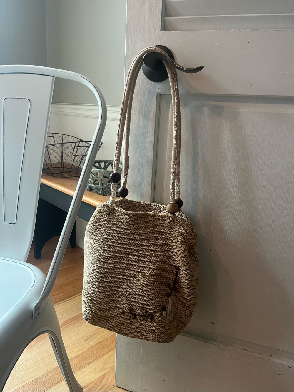 villager Beige Woven Shoulder Bag with Wooden Bead Accents